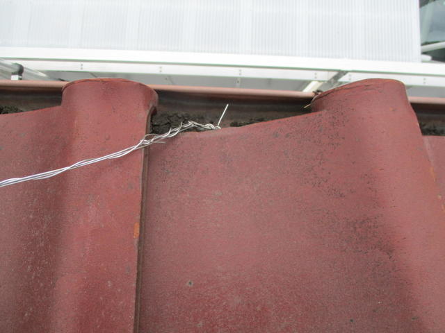 雨トヨ金具に巻かれたアンテナ支線が和瓦をずらし、隙間が出来た